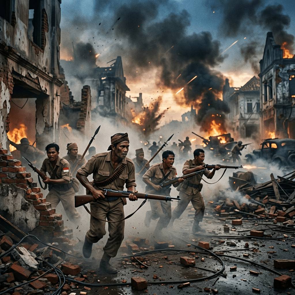 Soldiers with rifles running through destroyed buildings amidst explosions and smoke